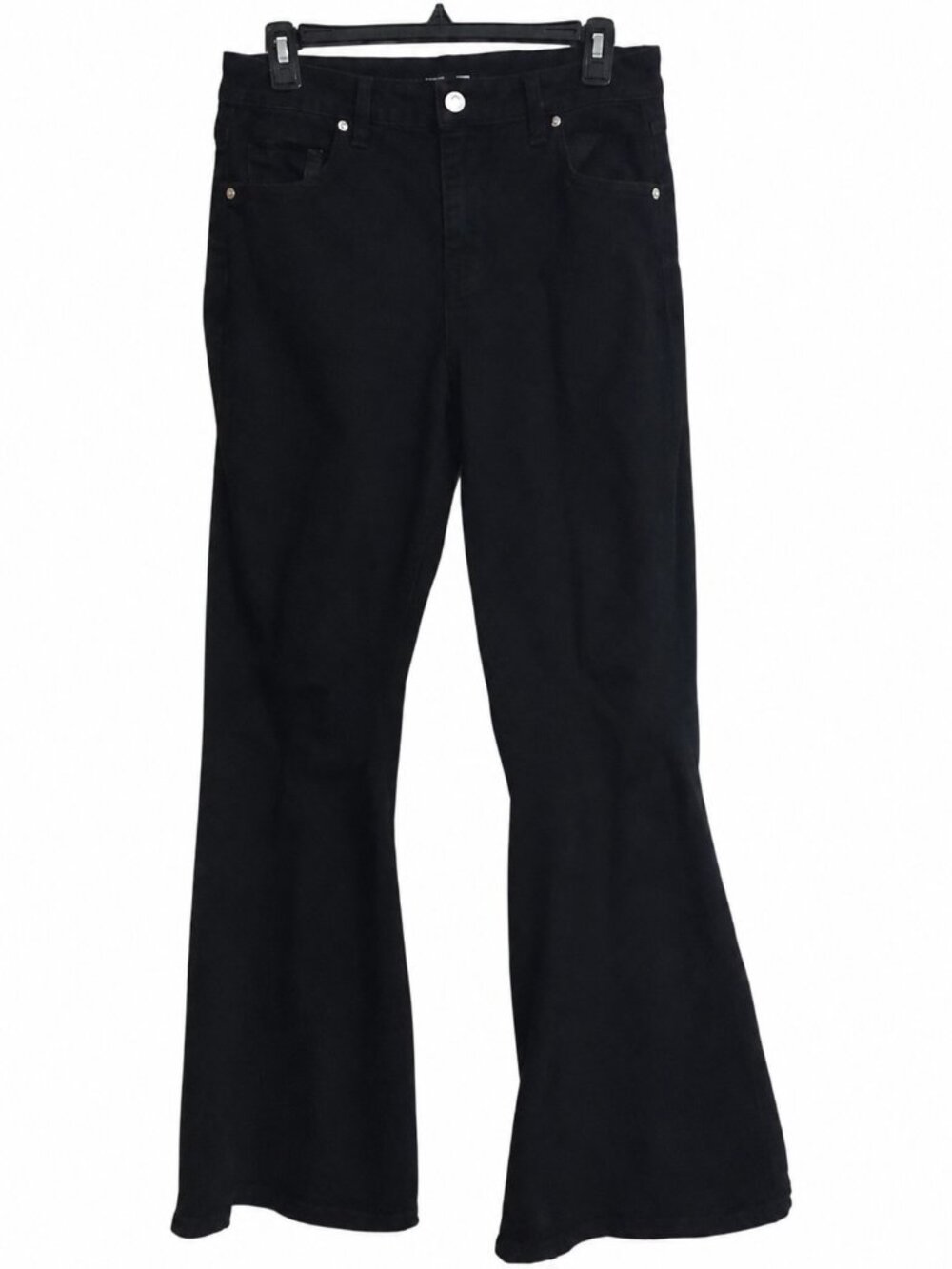 Size 7 black jeans. Long distressed faded denim flared bell bottom pants. 70s